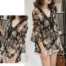 Women Plus Size Floral Print Chiffon Loose V-Neck Sleeve Top (Brown) (L)