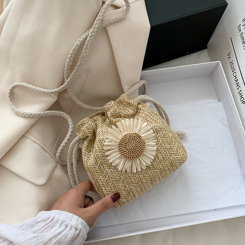 Women Straw Bucket Shoulder Bags Flower Drawstring Crossbody Pouch (Khaki)