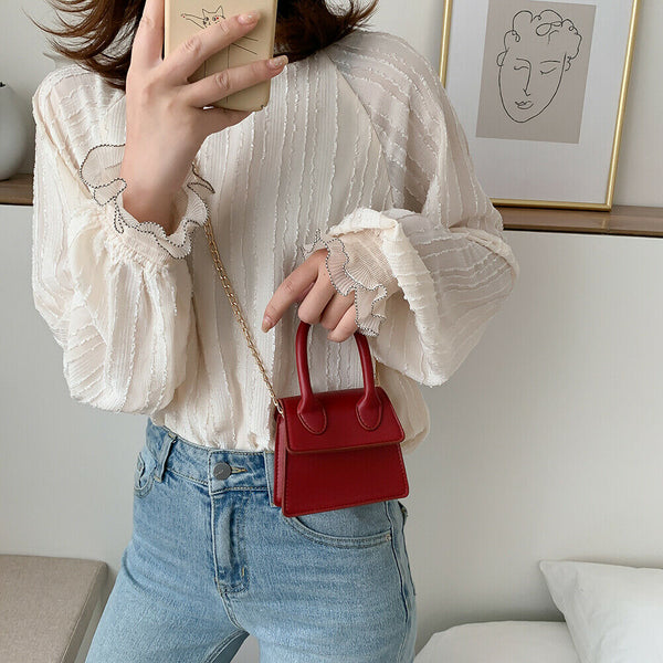 Women Leather Mini Shoulder Bags Pure Flap Chain Messenger Pouch (Red) A#S