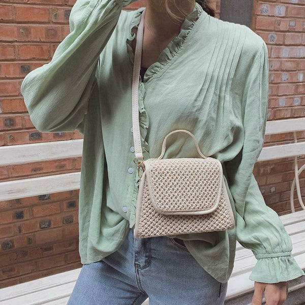 Retro Hit Color Shoulder Handbags Women Flap Woven Crossbody Bags (Beige)