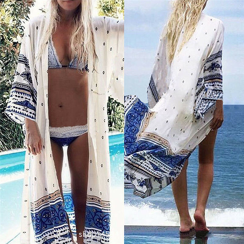 Women Summer Chiffon Bikini Cover Up Swimwear Bathing Suit Beach Dress Long 2 Kw