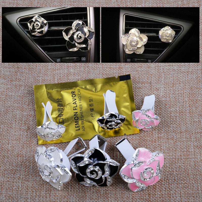 2Pcs BLACK Rhinestone Flower Clip Auto Car Air Vent Perfume Freshener Universal