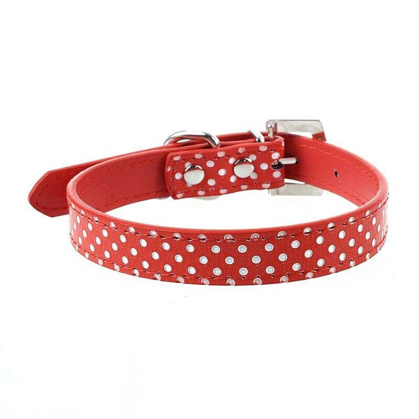 Red PU Dog Pet Pitbull Polka Dots Rhinestone Neck Collar Strap Buckle M