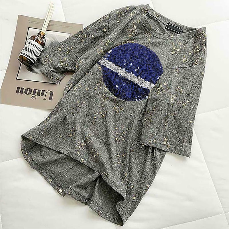 Summer Women Loose T-shirt Star Print Sequin Short-Sleeve TopsÃ¯Â¼Ë†Gray) (XL)