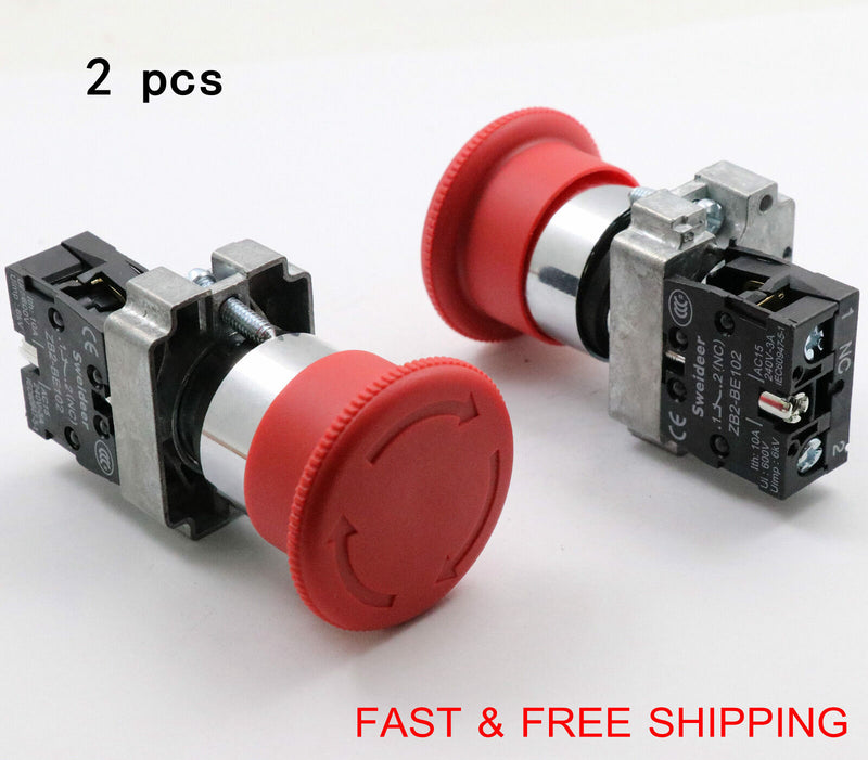 2PCS Emergency Stop Switch Red 600V 1 NC 10A Contacts  E-stop Twist Release P Gw
