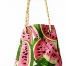 Folk Women Watermelon Print Bucket Handbag Beach Canvas Straw Shoulder Bag