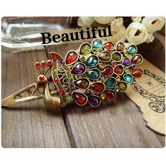 Women Fashion Retro Colorful Rhinestone Feathers Peacock Hair pin Duckbill Clip