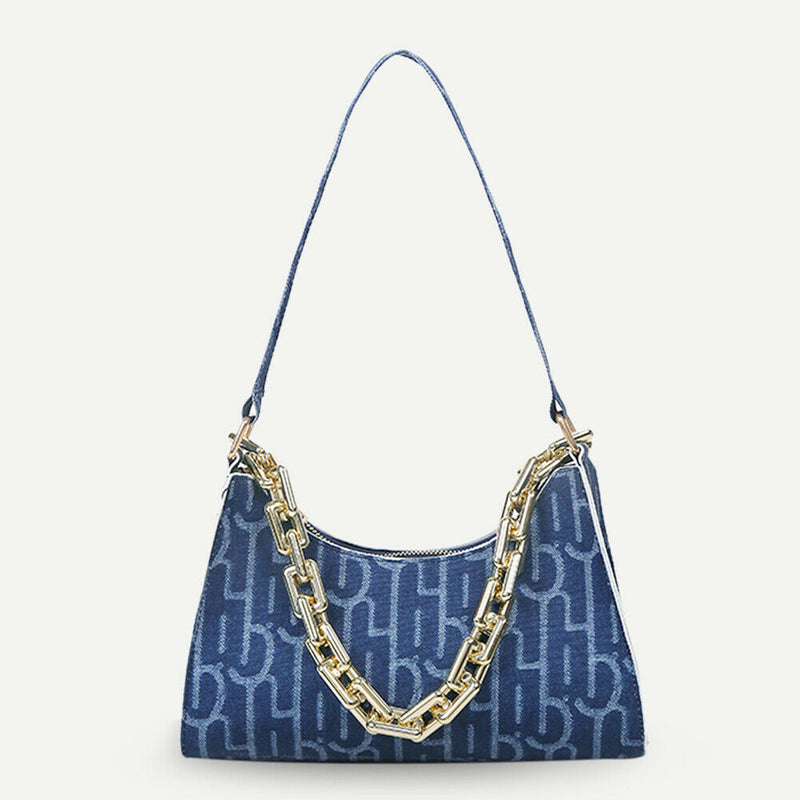 Casual Printed Women Handbag Totes PU Chain Underarm Shoulder Bags (Blue) A