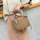 Women's Beach Handbag Straw Shoulder Bag with Handles and Silk Ribbon Bucke B6D7