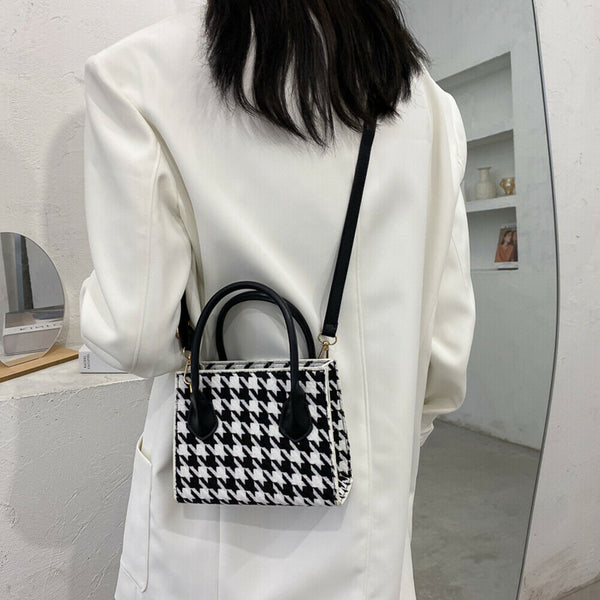 Retro Plaid Shoulder Crossbody Bag Women PU Portable Totes Handbags (Black)