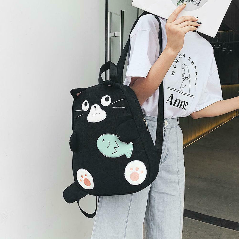 Fashion Cat Print Travel Backpacks Women Canvas Shoulder Top-handle Bags