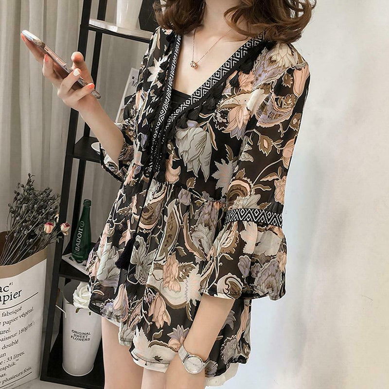 Women Plus Size Floral Print Chiffon Loose V-Neck Sleeve Top (Brown) (L)