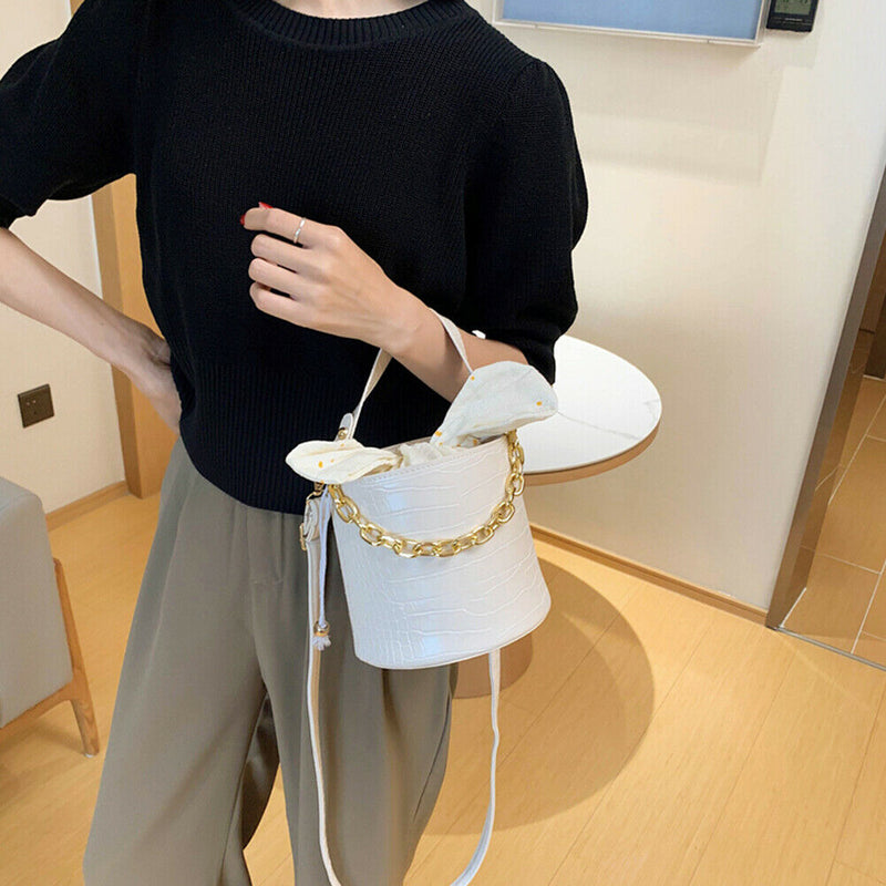 Alligator PU Bucket Bag Women Chain Shoulder Crossbody Handbag (White) A