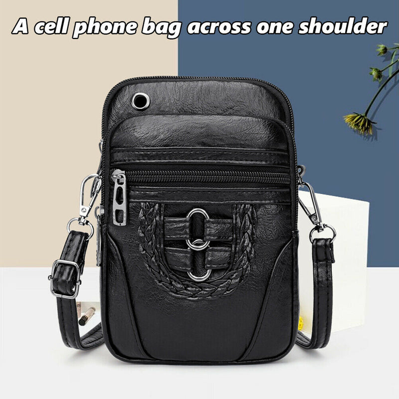 Women Soft PU Messenger Bag Multi-layer Shoulder Zipper Phone Pouch (Black)