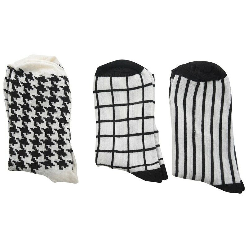 Autumn Winter Women Men Unisex Cotton Retro Socks 3 Pairs/lot Black+White E7P8