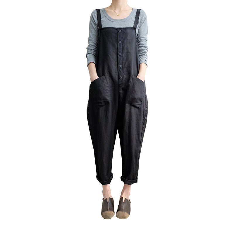 Casual Women Solid Color Strappy Pocket Loose Harem Jumpsuit Black S J6E4