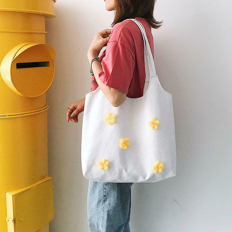 Flower Summer Women Canvas Handbags Casual Shoulder Bag Large Tote (White) A