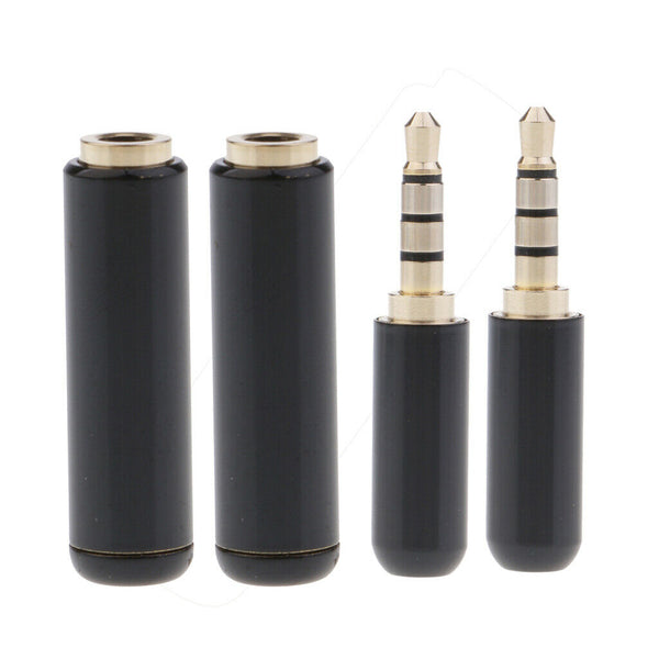 2PCS 3.5mm 1/8" Jack 4 Pole Stereo Audio Male Plug + Female Jack Soldering Black