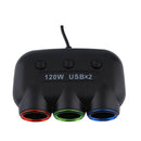 3 Way Triple Car Cigarette Lighter Socket Splitter LED Light+2 USB DC 12V MA493