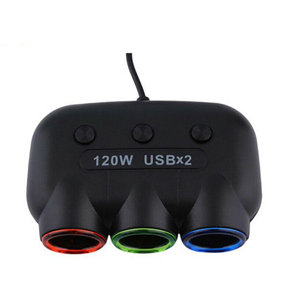 3 Way Triple Car Cigarette Lighter Socket Splitter LED Light+2 USB DC 12V MA493
