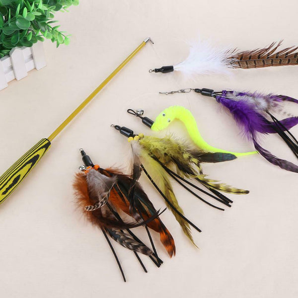 Cat Pet Toys Funny Cat Telescopic Rod Stick+5pcs Feather Replacement Heads #SFD