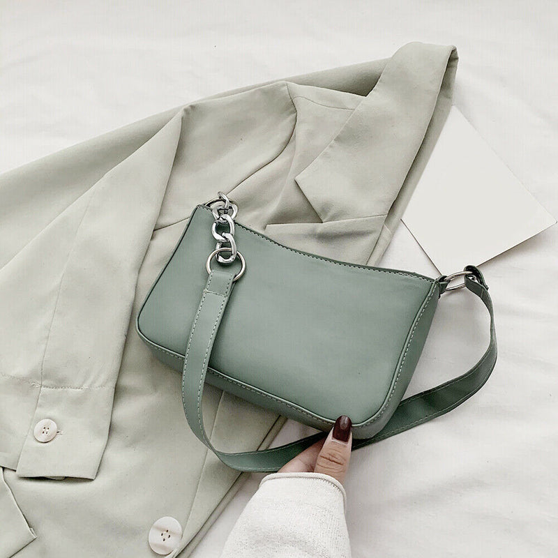 Women Simple PU Leather Handbag Chain Travel Shoulder Totes Bag (Green)