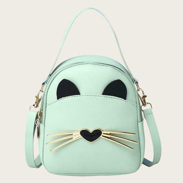 Women PU Leather Crossbody Messenger Bag Cute Cat Shoulder Backpack (Green)