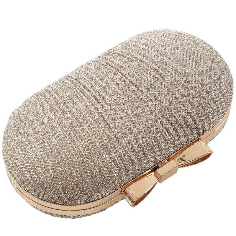 Golden Evening Clutch Bag Women Bags Wedding Shiny Handbags Bridal Metal BowQ6C3