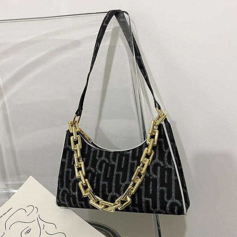 Casual Printed Women Handbag Totes PU Chain Underarm Shoulder Bags (Black) A