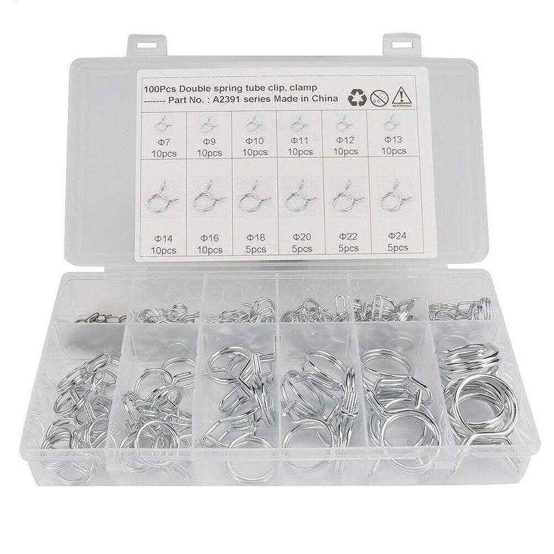 100pcs 12 Sizes Double Wire Spring Hose Clamps Fuel Line Hose Tube Clip Assorted