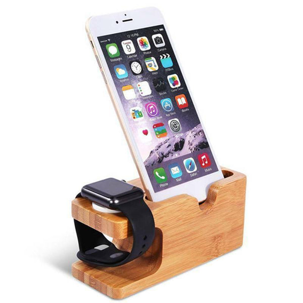 Cell Phone Charger Dock with Watch Bamboo Holder Desk Charging Stand B8C1