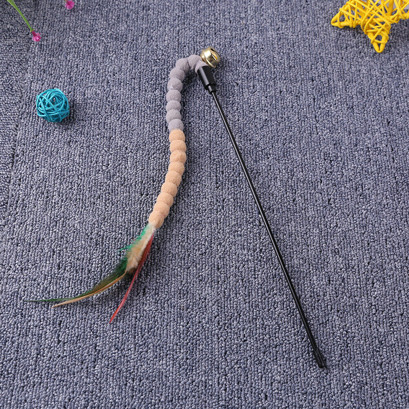 Cat Teasing Stick Colorful Pompom Feather Wand Fun Pet Teaser Rod Toys (03) A