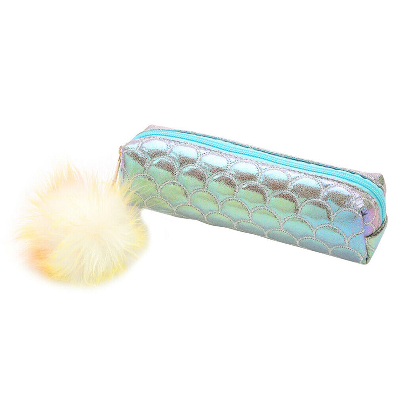 Fish Tail Sequin Pencil Case PU Pompom Pencil Bag School Stationery (Blue) A
