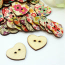 In Bulk 100pcs Cute Painted Flower Heart Shaped Wooden 2 Holes Colorful Buttons