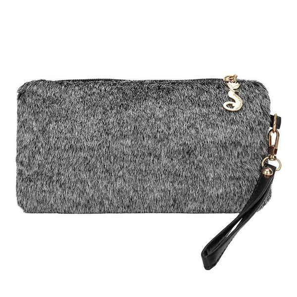 Women Evening Clutch Bag Plush Zip Handbag Female Solid Color Purse (Grey)