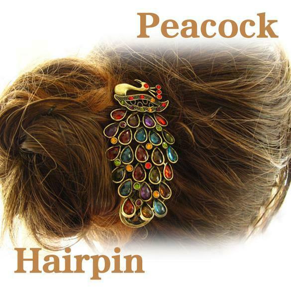 Women Fashion Retro Colorful Rhinestone Feathers Peacock Hair pin Duckbill Clip