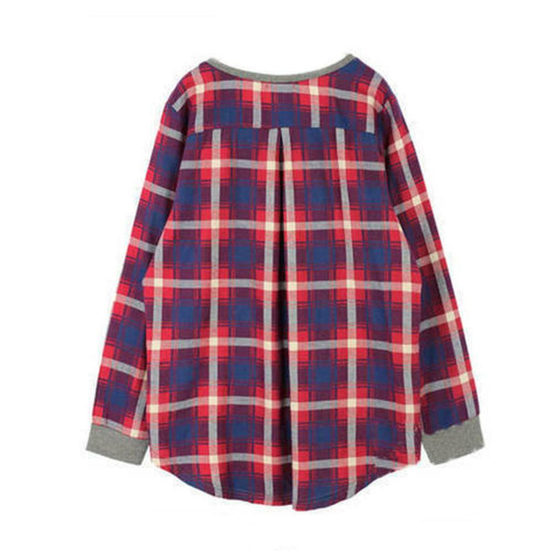 Autumn Casual Women Blouses O-neck Plaid Splicing Loose Tops (Grey)(S)