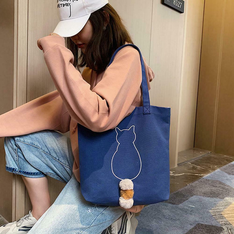 Canvas Women Shoulder Bag Large Capacity Cat Print Shopping Handbag (Blue)