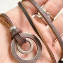 Fashion Mens Retro Leather Cord Necklace Double Circle Ring Pendant Jewelry Gift