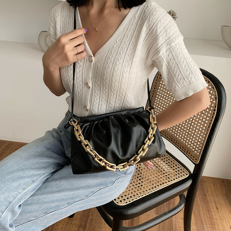 Women Pleated Shoulder Bag Chain Totes PU Cloud Messenger Handbag (Black)