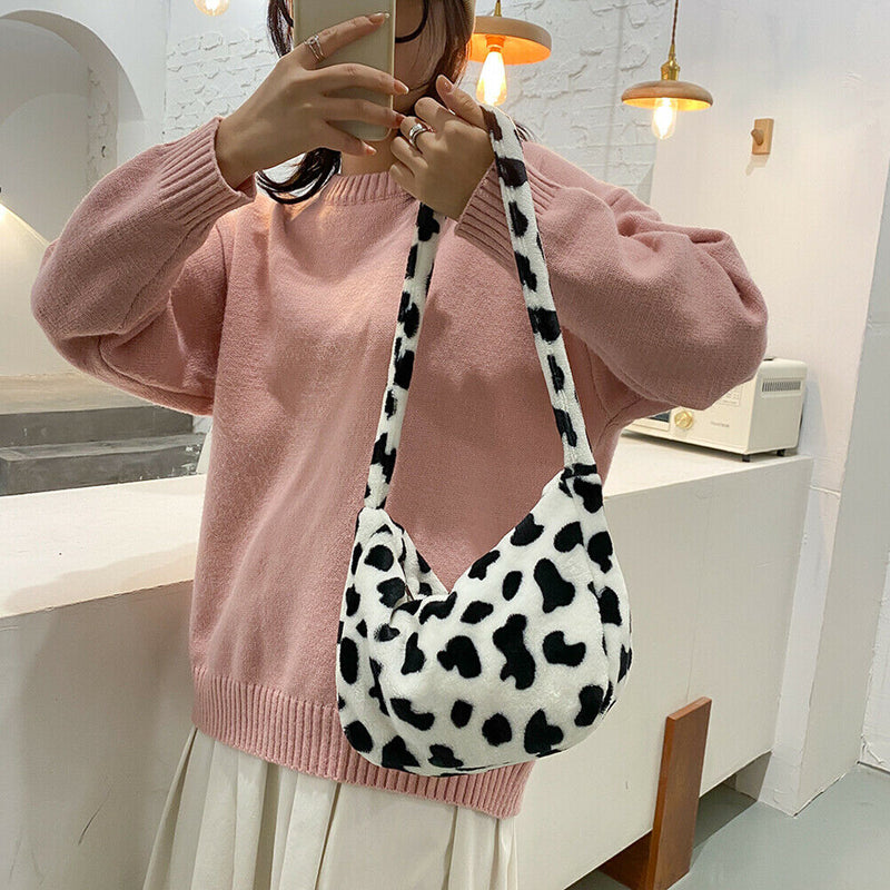 Casual Cow Printed Handbag Women Shoulder Crossbody Bag Plush Dumpling Tote