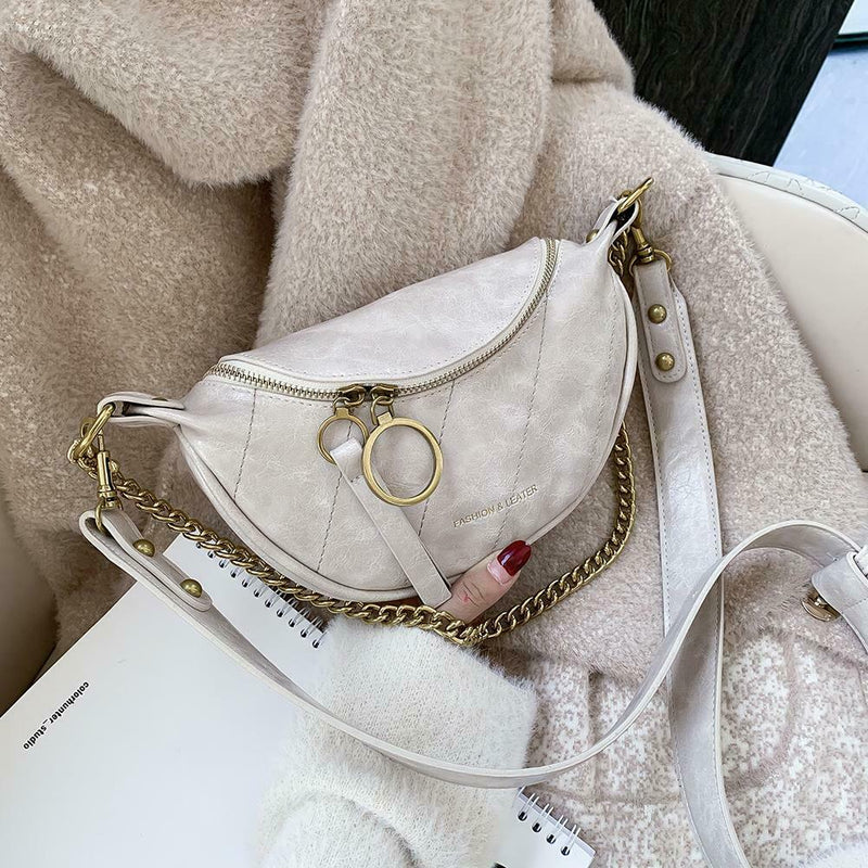 Fashion Leather Crossbody Bags Women Chain Shoulder Travel Handbag (Beige)