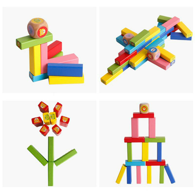 Colored Wooden Tower Stacking Game, Fine Motor Skill Building Blocks with Dice