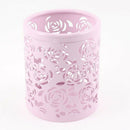 Light Pink Hollow Rose Flower Pattern Metal Pen Pencil Pot Holder Organizer