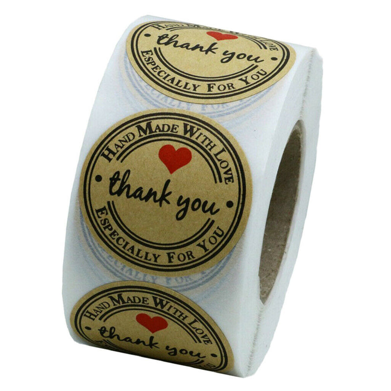 1 Roll Of 500pcs Round Kraft Thank You Stickers Self Adhesive Labels Brown