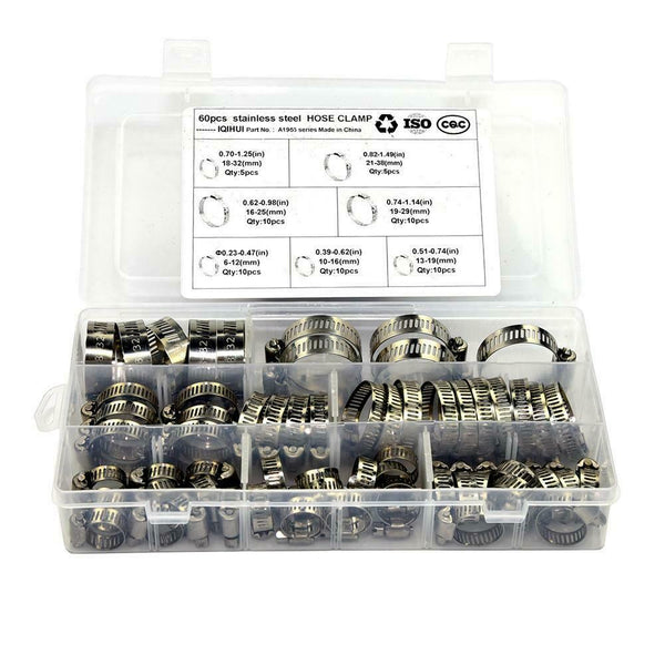 60pcs Stainless Steel Hose Clamp 6-38mm Range Worm Gear Fuel Line Clamp K1B