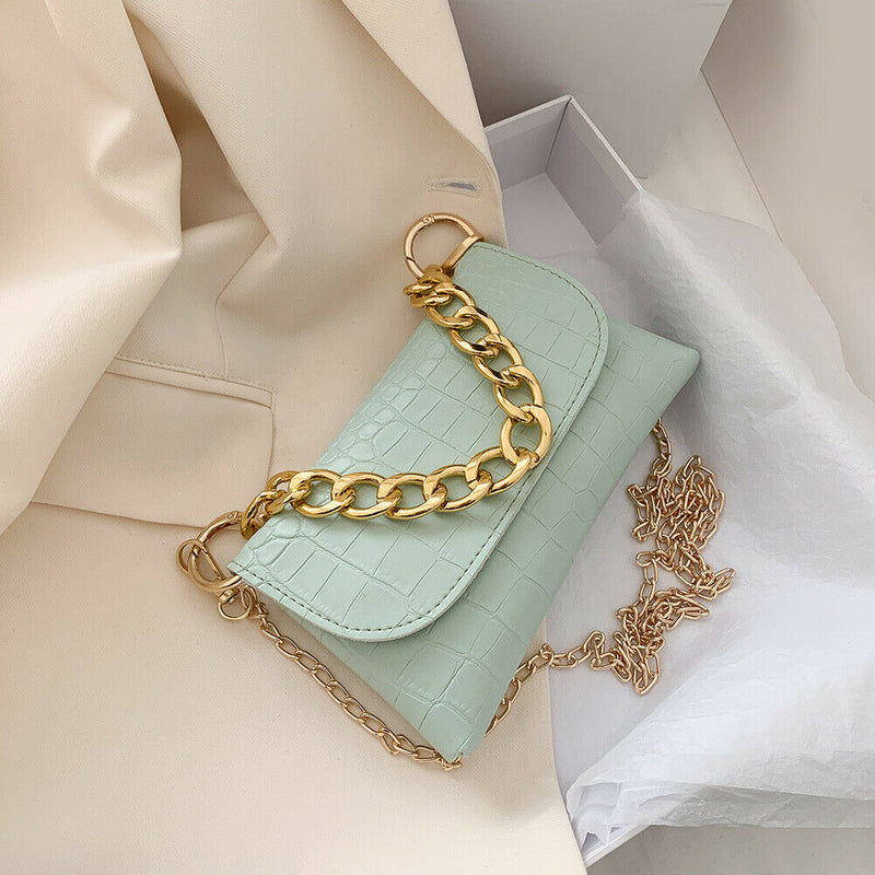 Women Chain Shoulder Messenger Bags Stone Pattern PU Totes Handbag (Green)