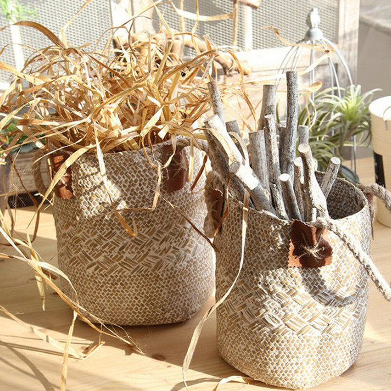 Folding Seagrass Basket - Planter Holder With Handle Laundry Basket White L