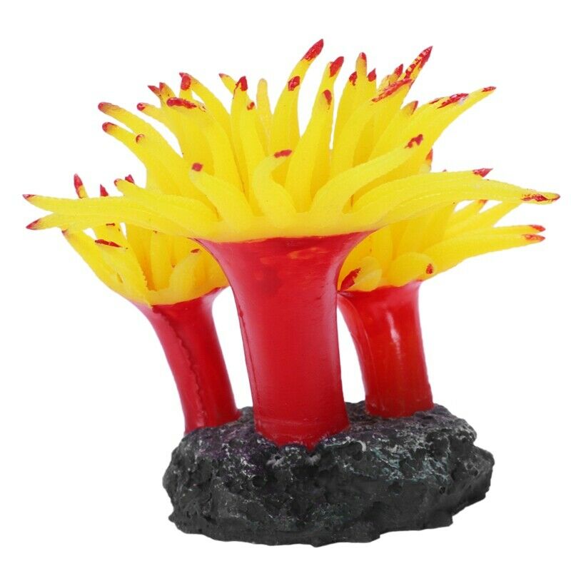 Concrete Base Silicone Coral Anemone Aquarium Plant Decoration, Yellow K9P9