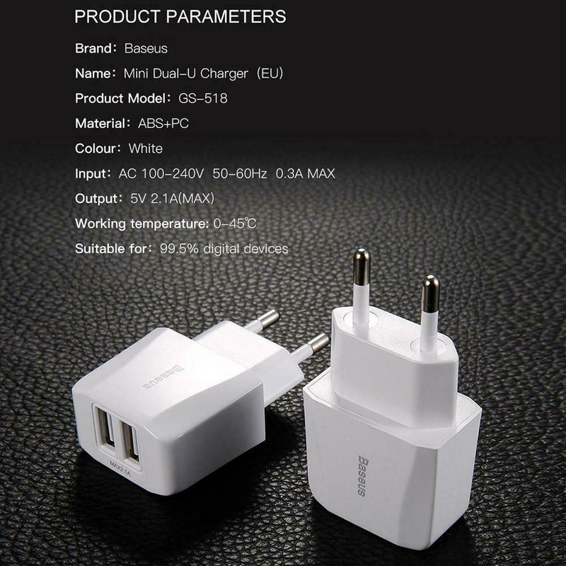 Baseus Dual USB Charger Mobile Phone EU Charger Plug 2.1A Travel Adapter
